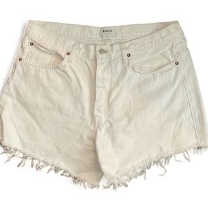 AGOLDE White Parker Long Contrast Stitch Button Fly Cut Off Denim Jean Shorts 31